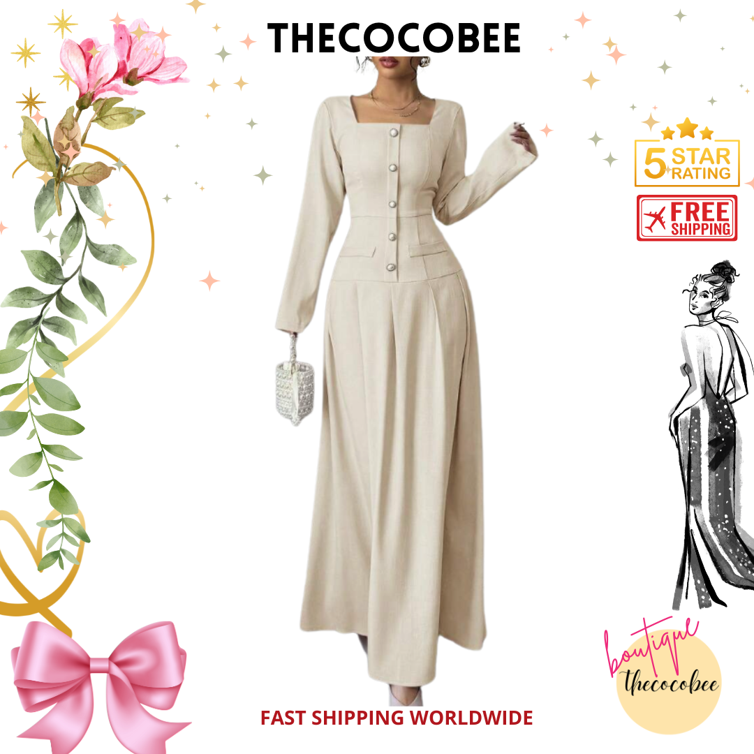 #005 Square Neck Long Sleeve Pleated Waist Dress in Apricot