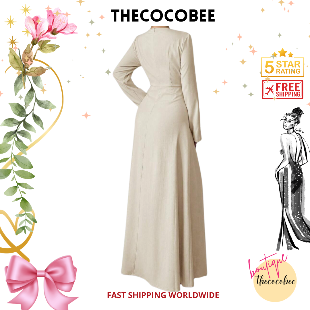 #005 Square Neck Long Sleeve Pleated Waist Dress in Apricot