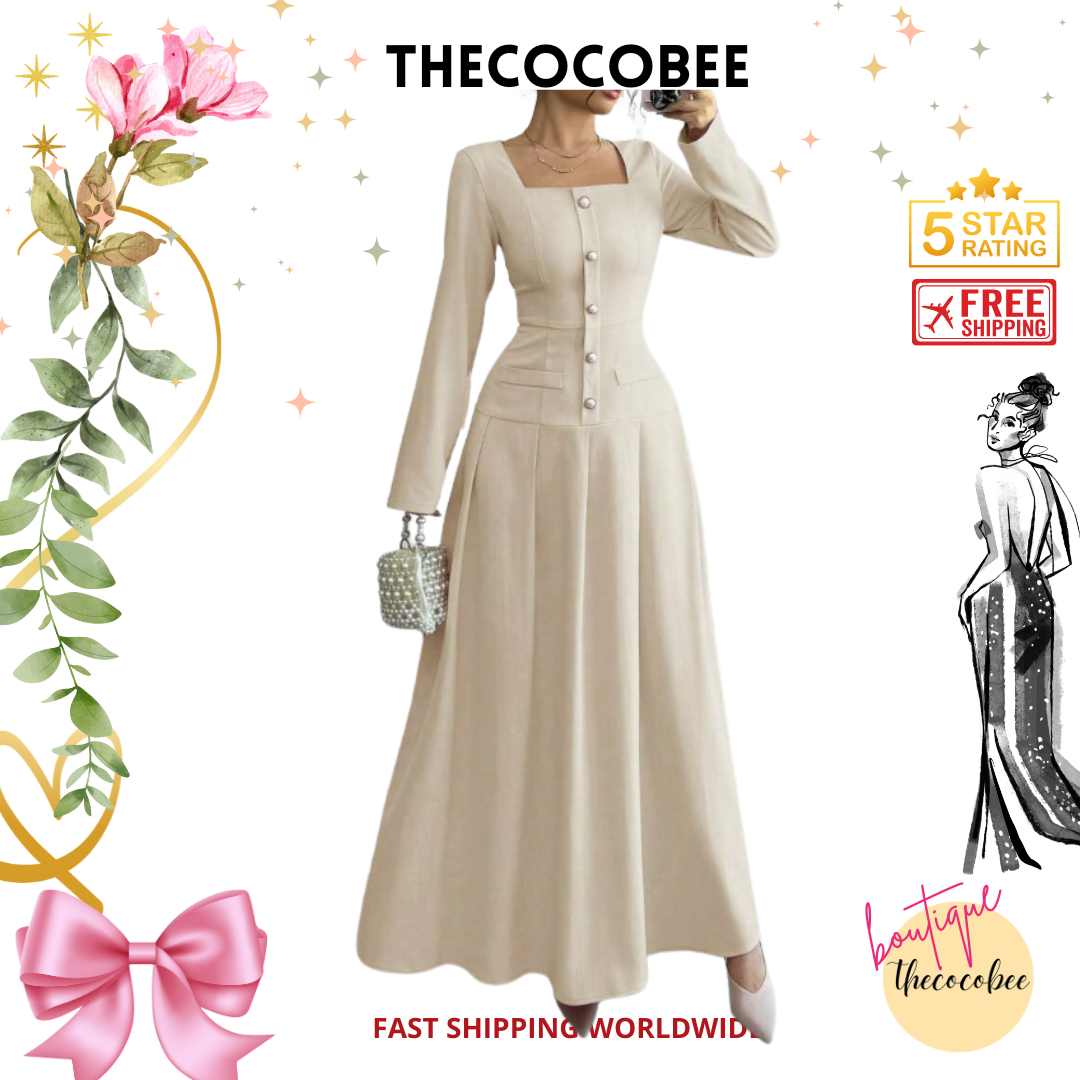 #005 Square Neck Long Sleeve Pleated Waist Dress in Apricot