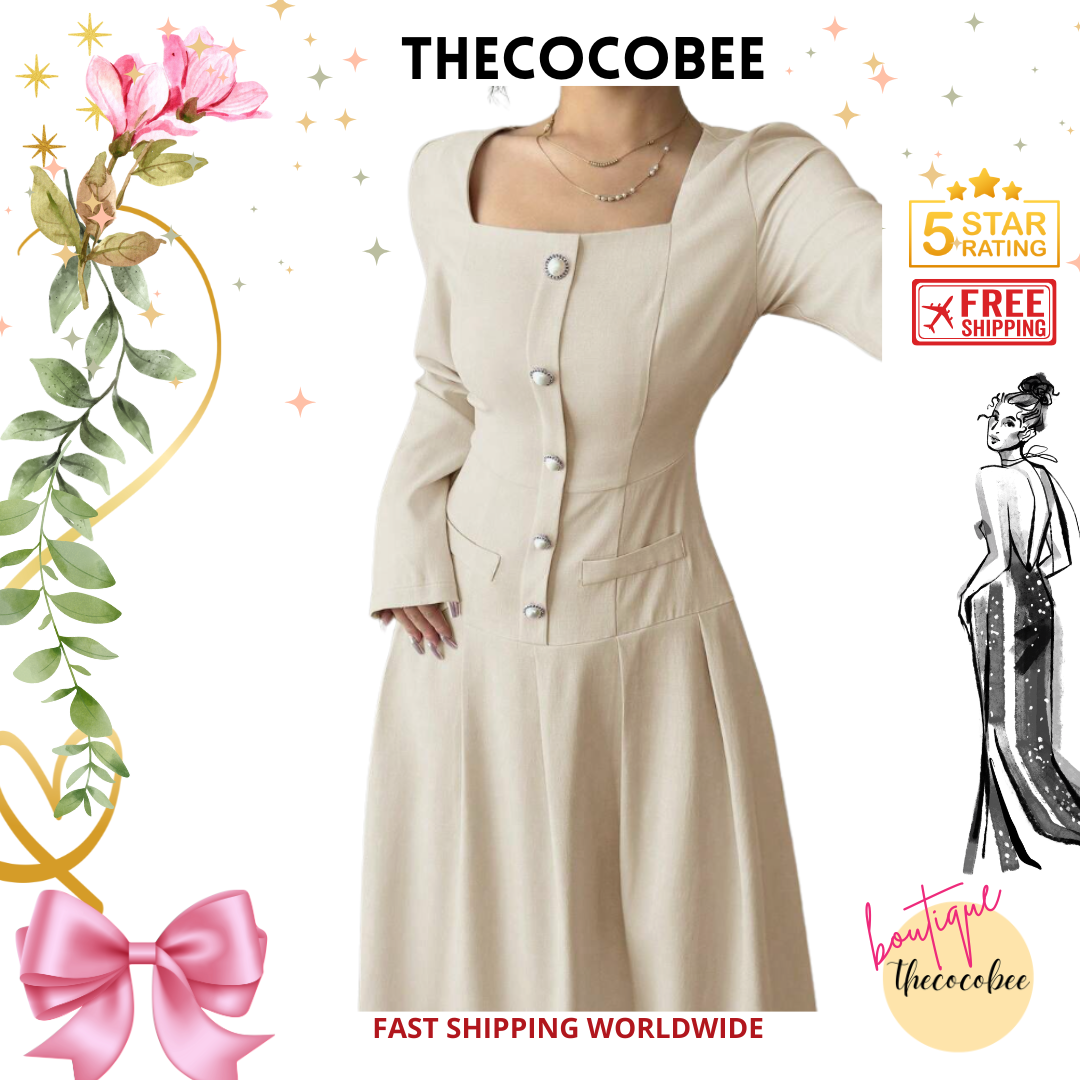 #005 Square Neck Long Sleeve Pleated Waist Dress in Apricot