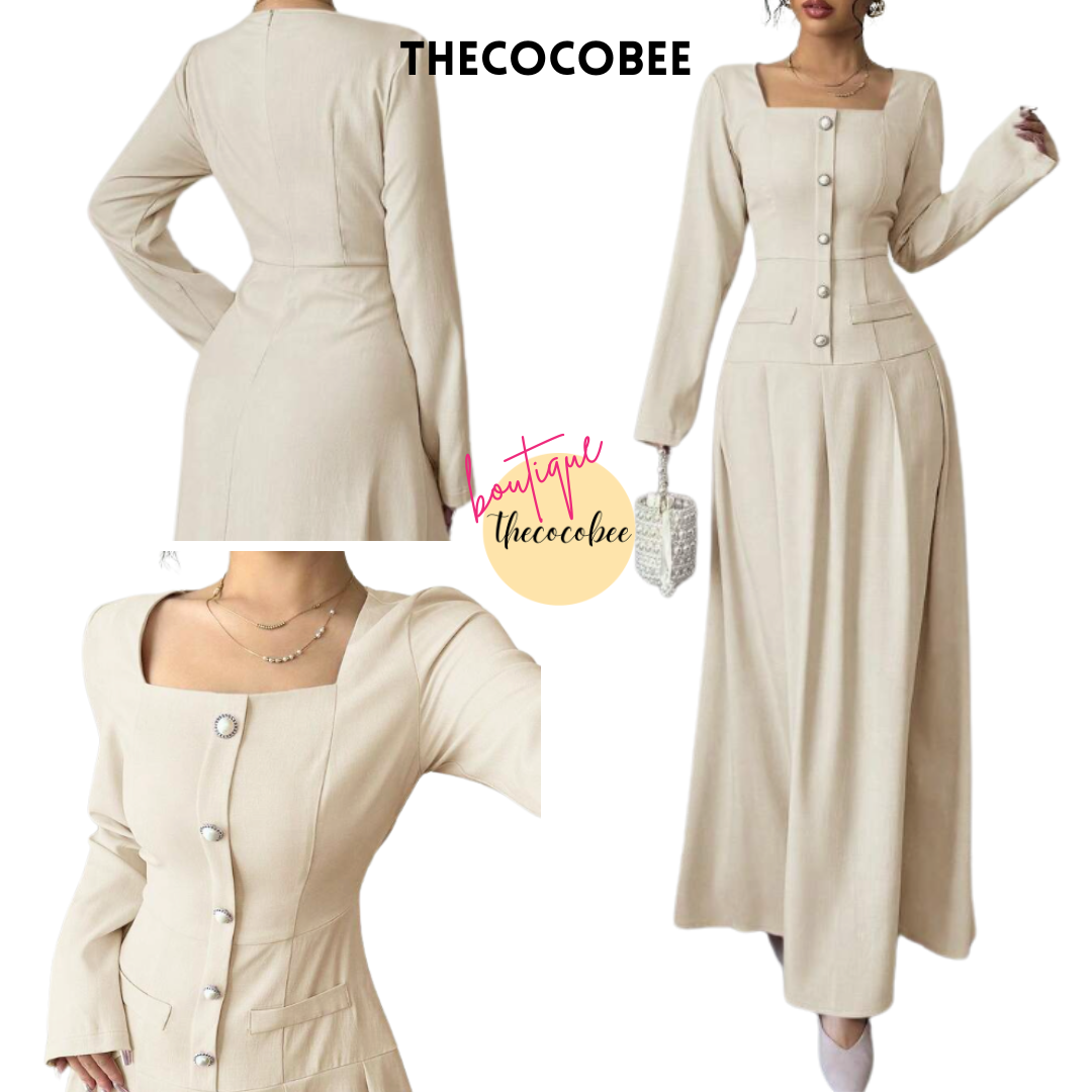 #005 Square Neck Long Sleeve Pleated Waist Dress in Apricot