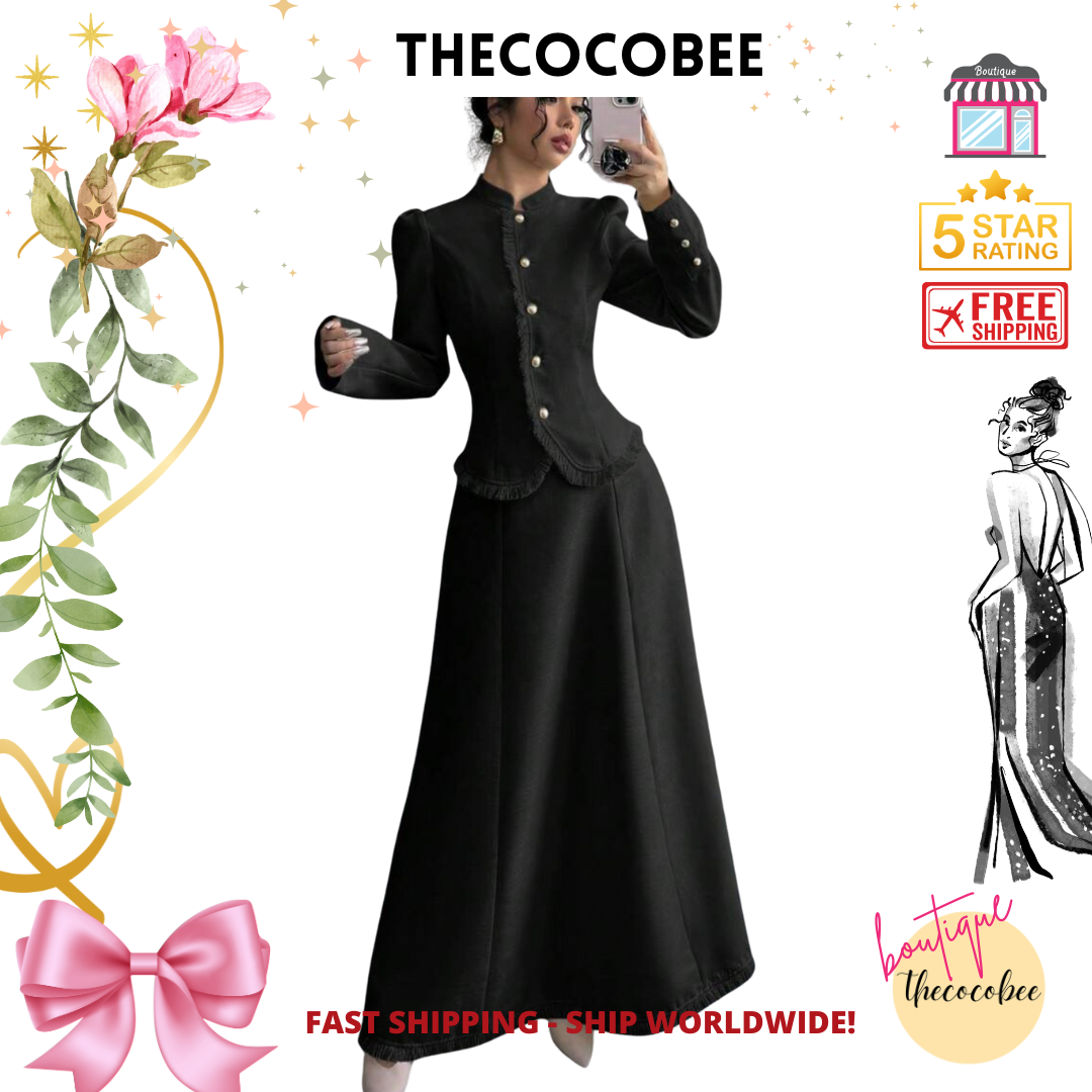 #001 2pcs/Set Women Elegant Patchwork Tassels Coat & Dress Black