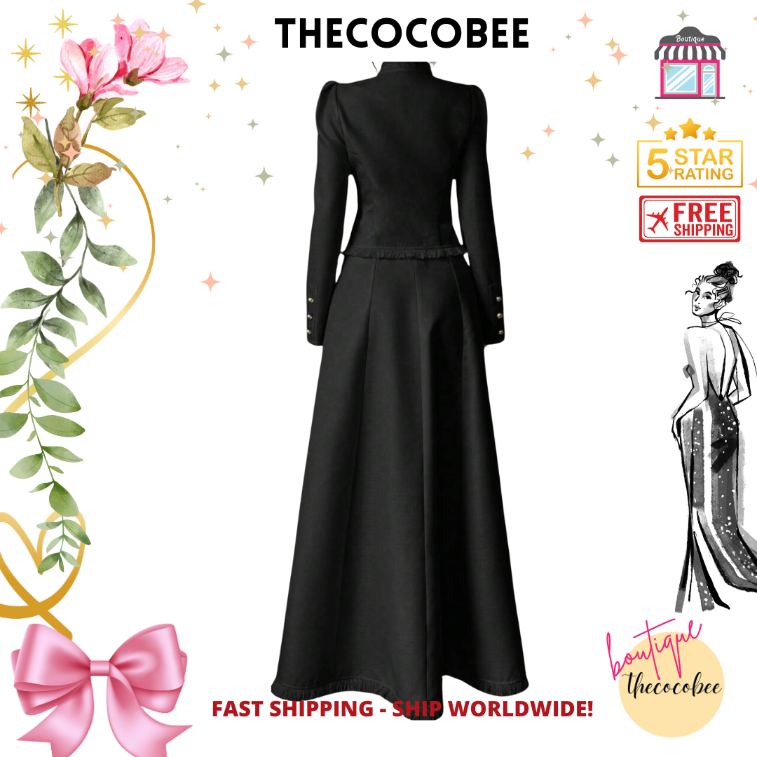 #001 2pcs/Set Women Elegant Patchwork Tassels Coat & Dress Black