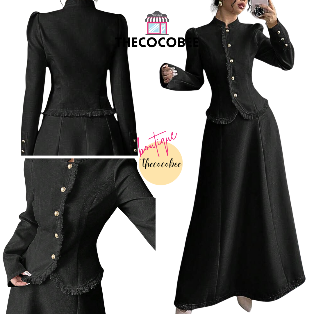 #001 2pcs/Set Women Elegant Patchwork Tassels Coat & Dress Black