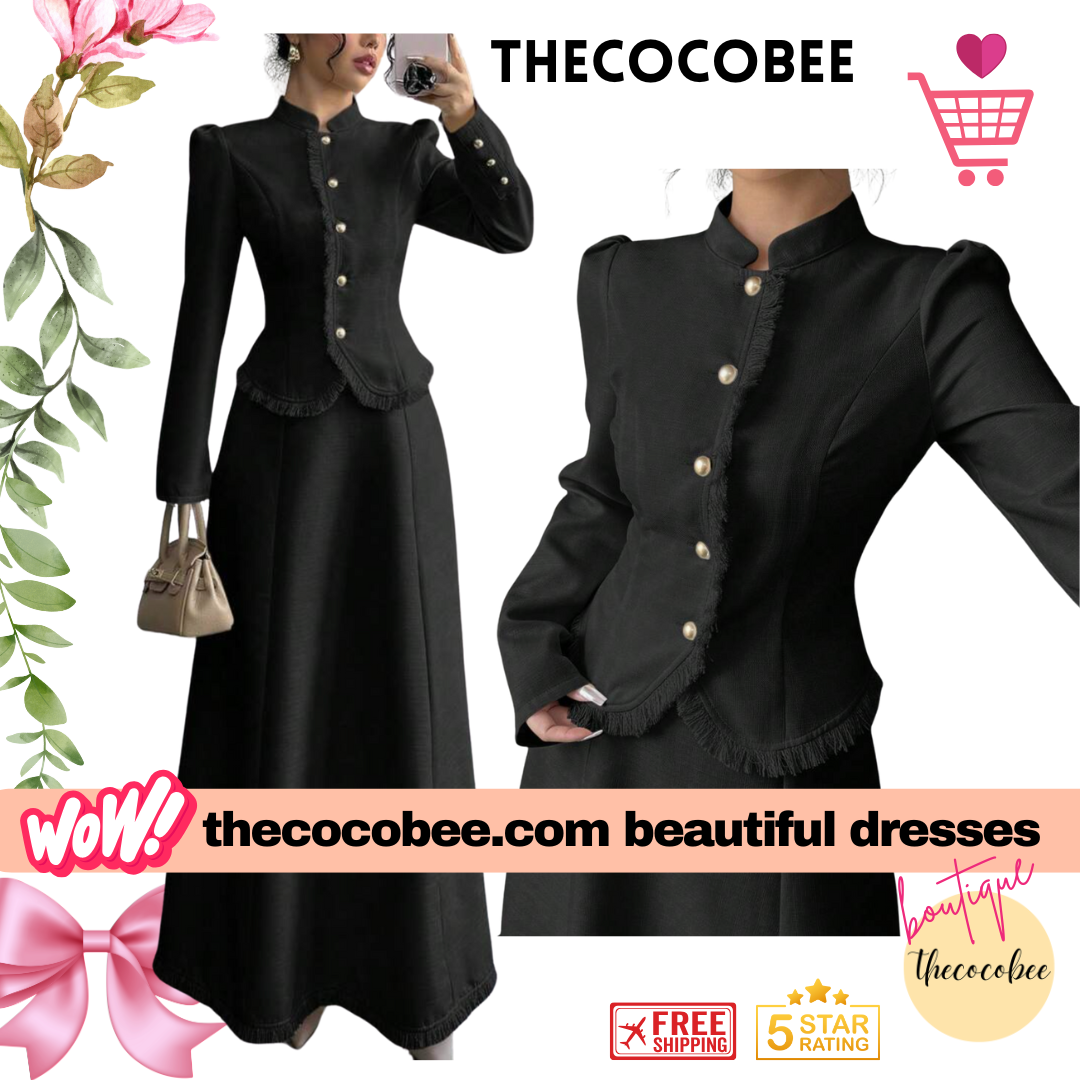 #001 2pcs/Set Women Elegant Patchwork Tassels Coat & Dress Black