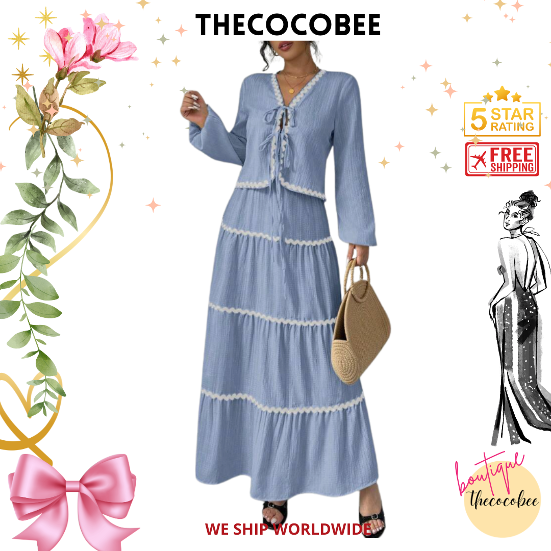 #002 2pc Elegant French Lantern Bow Dress Set in Blue
