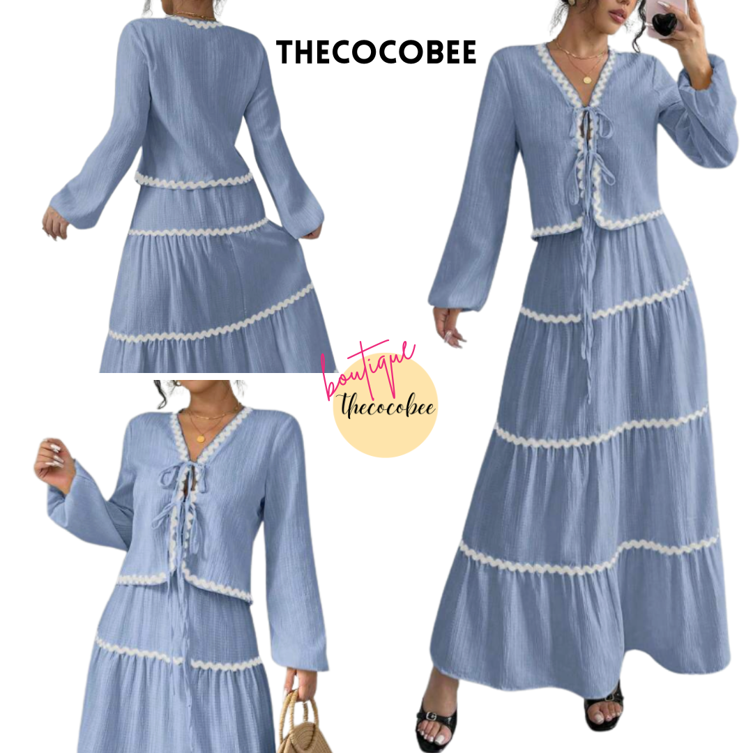 #002 2pc Elegant French Lantern Bow Dress Set in Blue
