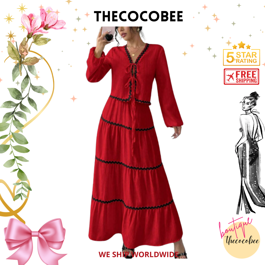 #002 2pc Elegant French Lantern Bow Dress Set in Red