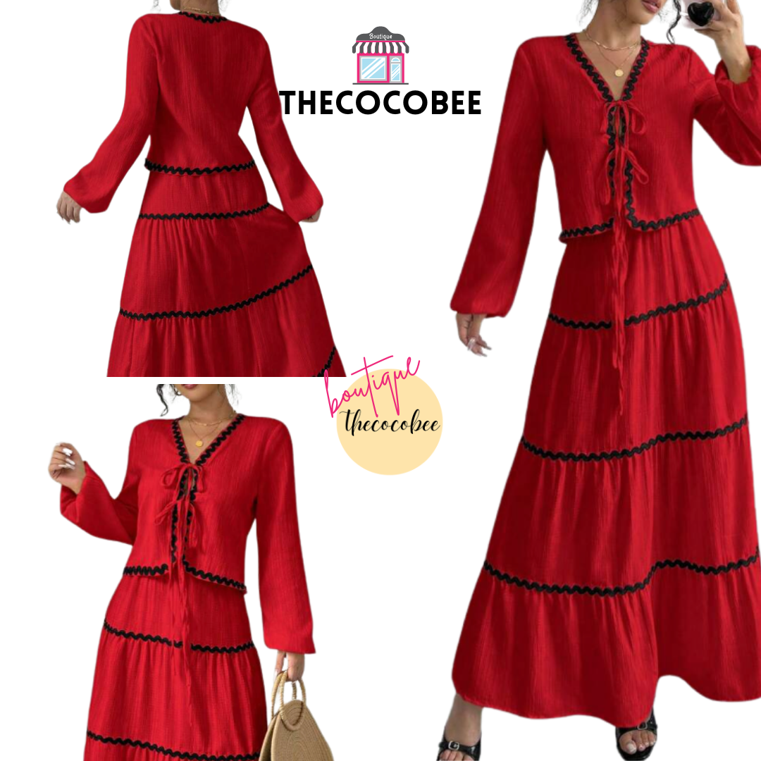 #002 2pc Elegant French Lantern Bow Dress Set in Red