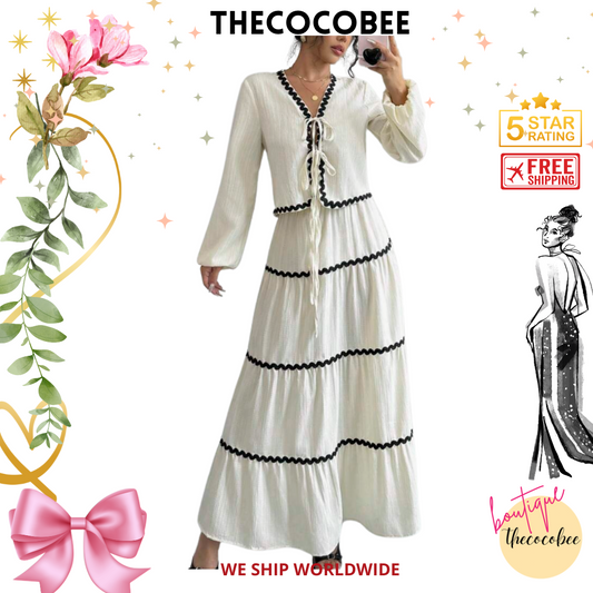 #002 2pc Elegant French Lantern Bow Dress Set in Apricot