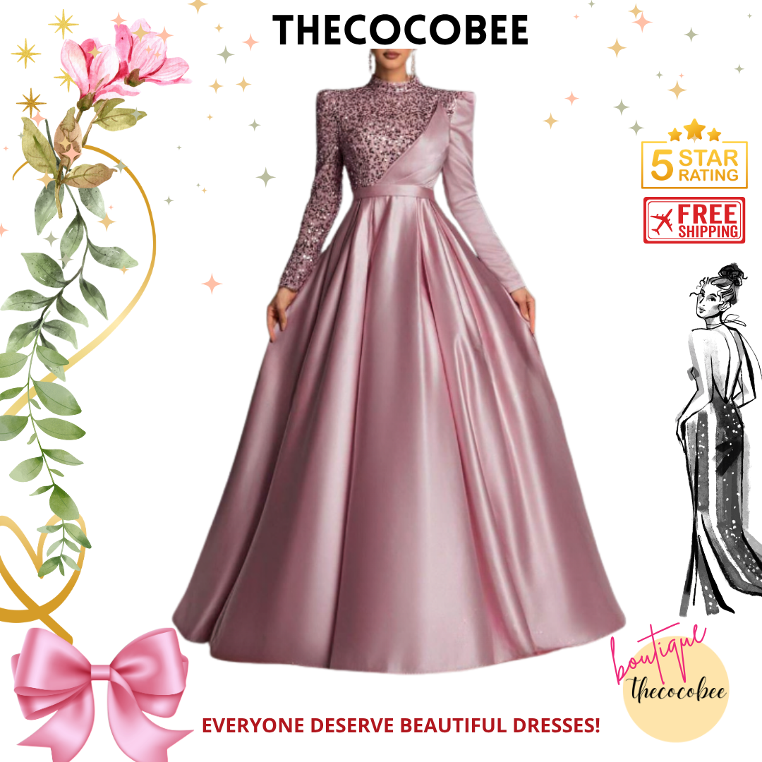 #134 Pink Satin Sequin Long Sleeve Evening Gown