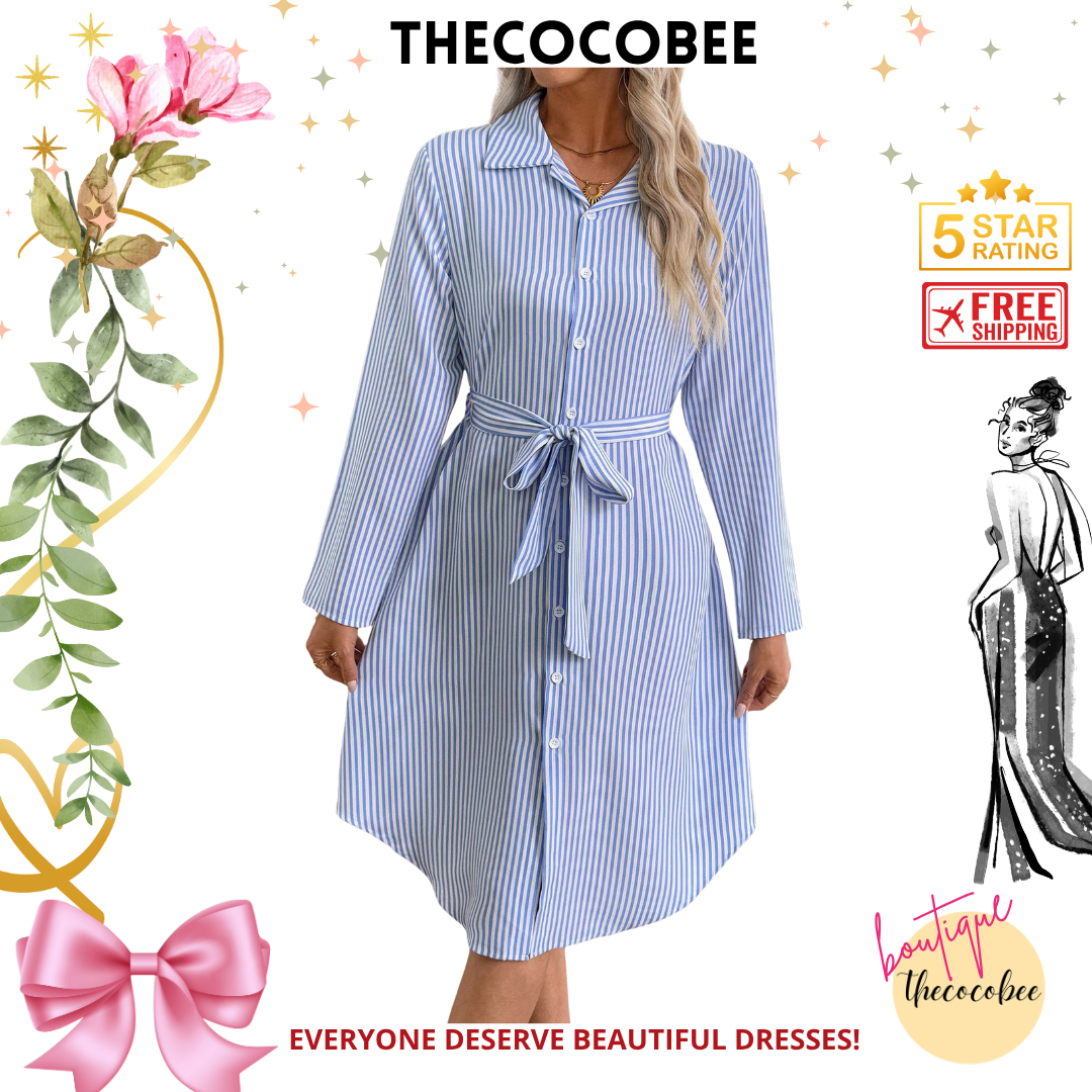 #162 Blue and White Women's Midi Dress Fall Clothes