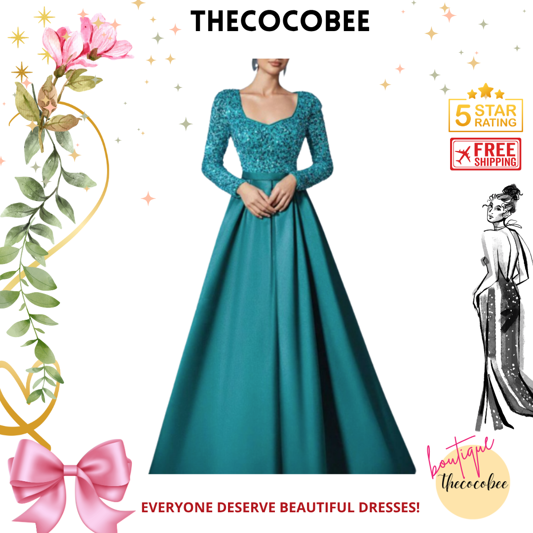 #138 Dark Green Elegant Sequined Satin Evening Gown With Long Sleeves, Idea For Art Gallery Galas, Charity Dinners, Luxury Events, Private Museum Parties, Or Cannes Film Festival Red Carpets, Party Dress, Wedding Guest Dress, Formal Dress, Evening Dress