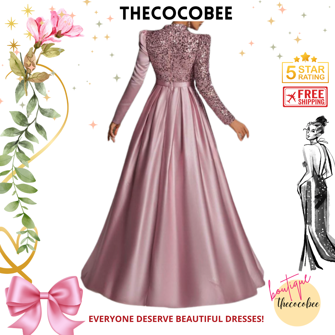 #134 Pink Satin Sequin Long Sleeve Evening Gown