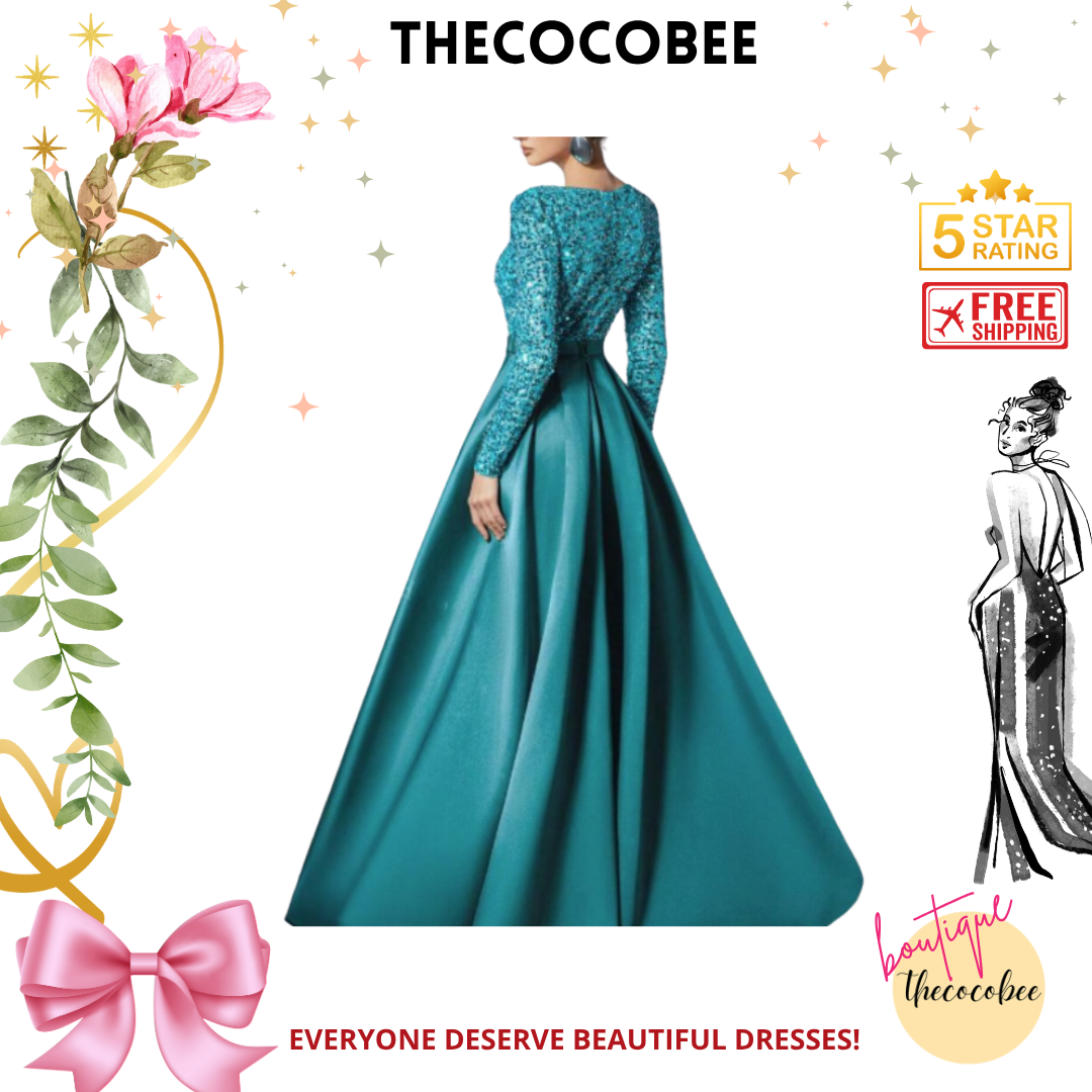 #138 Dark Green Elegant Sequined Satin Evening Gown With Long Sleeves, Idea For Art Gallery Galas, Charity Dinners, Luxury Events, Private Museum Parties, Or Cannes Film Festival Red Carpets, Party Dress, Wedding Guest Dress, Formal Dress, Evening Dress