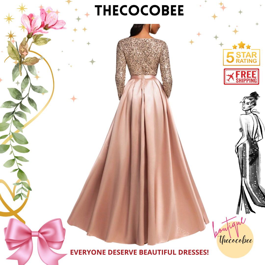 #138 Dusty Pink Elegant Sequined Satin Evening Gown With Long Sleeves – Idea For Art Gallery Galas, Charity Dinners, Luxury Events, Private Museum Parties, Or Cannes Film Festival Red Carpets Party Dress Wedding Guest Dress Formal Dress Evening Dress