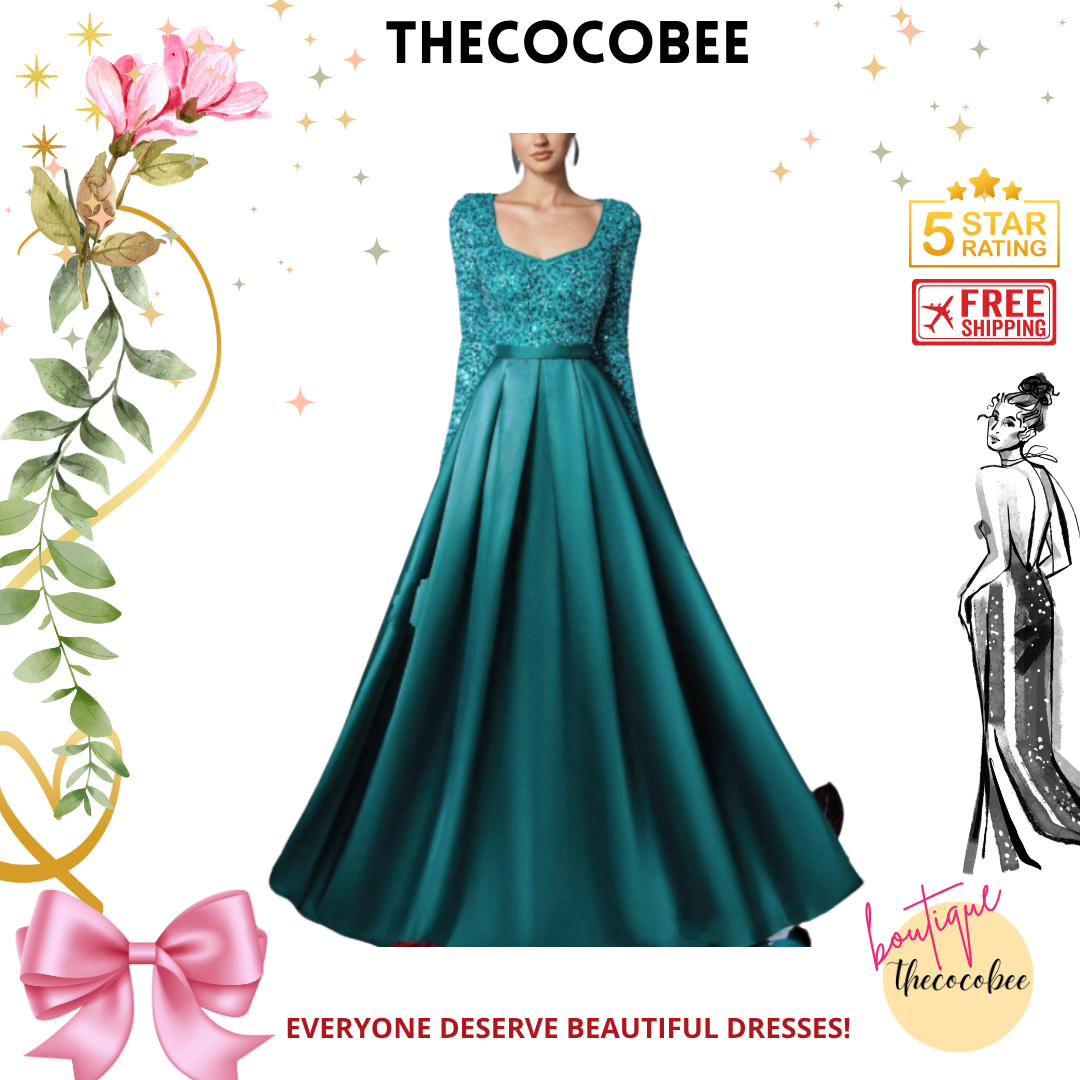 #138 Dark Green Elegant Sequined Satin Evening Gown With Long Sleeves, Idea For Art Gallery Galas, Charity Dinners, Luxury Events, Private Museum Parties, Or Cannes Film Festival Red Carpets, Party Dress, Wedding Guest Dress, Formal Dress, Evening Dress