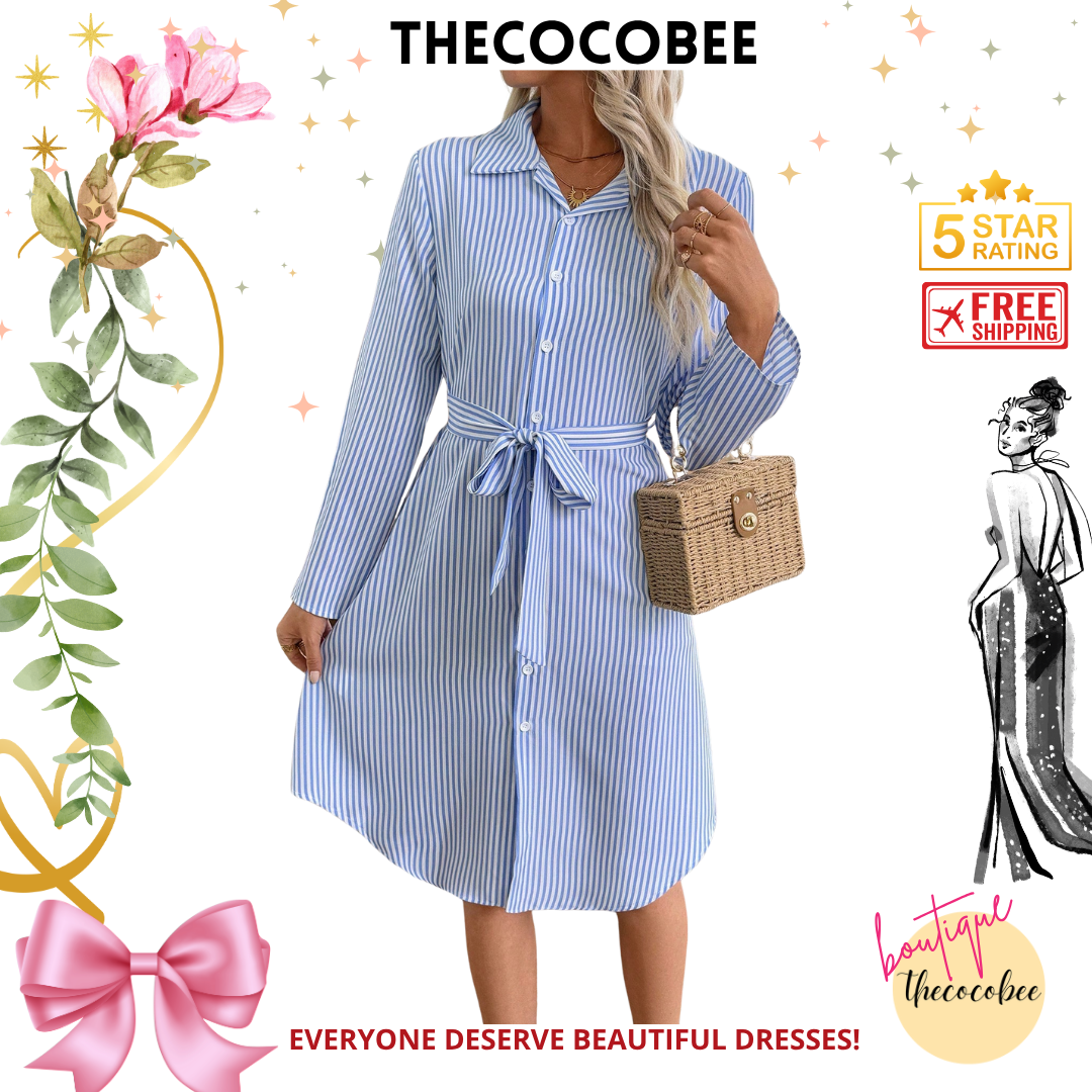 #162 Blue and White Women's Midi Dress Fall Clothes