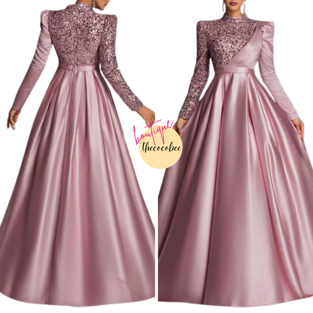 #134 Pink Satin Sequin Long Sleeve Evening Gown