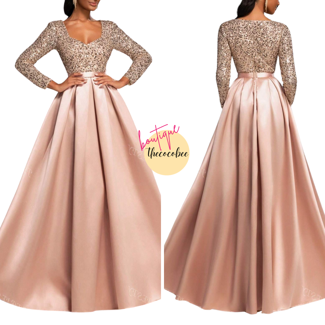 #138 Dusty Pink Elegant Sequined Satin Evening Gown With Long Sleeves – Idea For Art Gallery Galas, Charity Dinners, Luxury Events, Private Museum Parties, Or Cannes Film Festival Red Carpets Party Dress Wedding Guest Dress Formal Dress Evening Dress