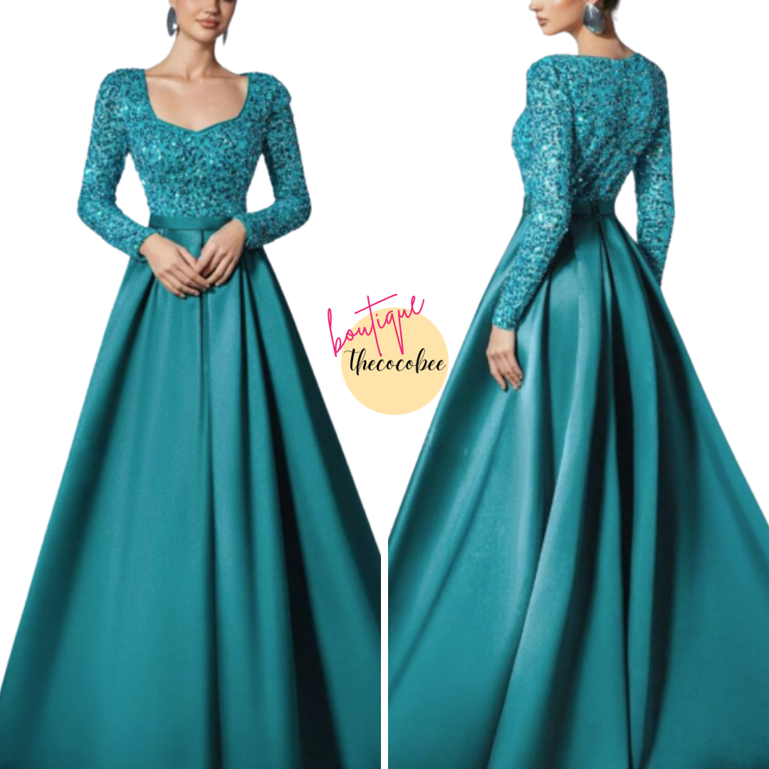 #138 Dark Green Elegant Sequined Satin Evening Gown With Long Sleeves, Idea For Art Gallery Galas, Charity Dinners, Luxury Events, Private Museum Parties, Or Cannes Film Festival Red Carpets, Party Dress, Wedding Guest Dress, Formal Dress, Evening Dress