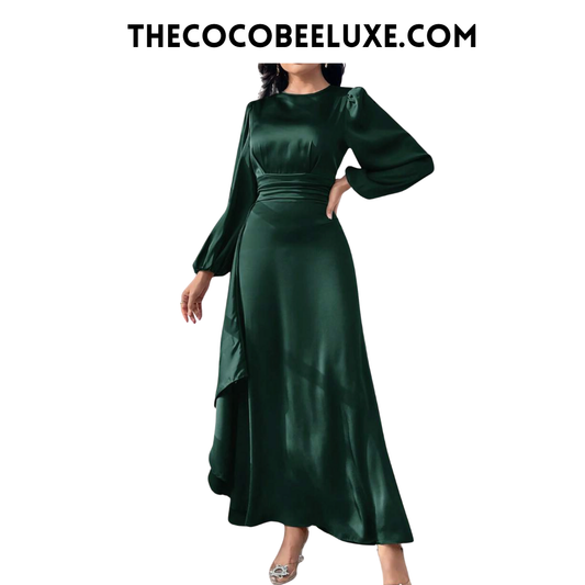 #012 Dress Elegant Lantern Sleeve A-Line Dress - Emerald Green