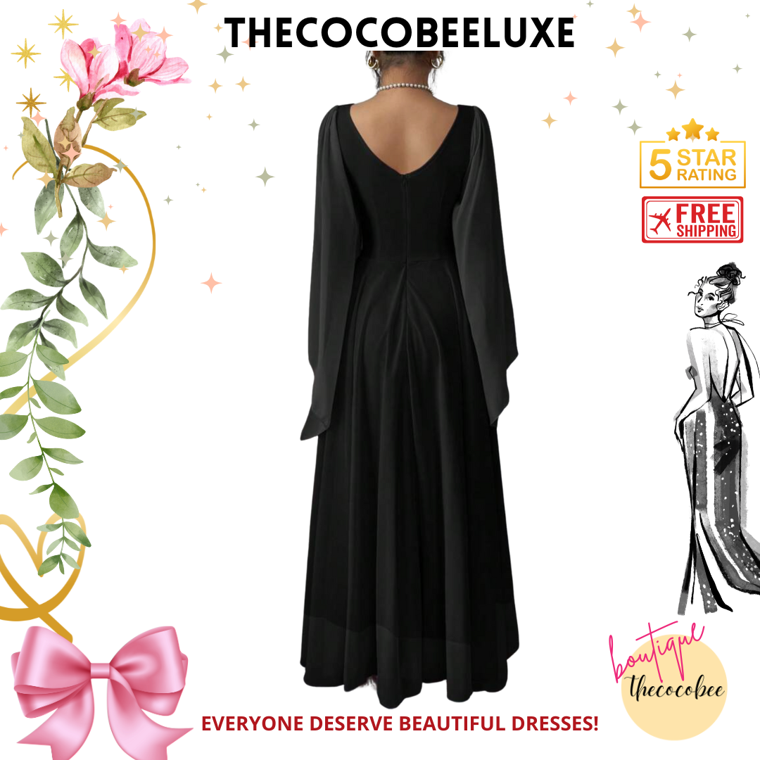 #015 Elegant Romantic Wedding, Bridesmaid, Prom, event Long Sleeve Dress - Black