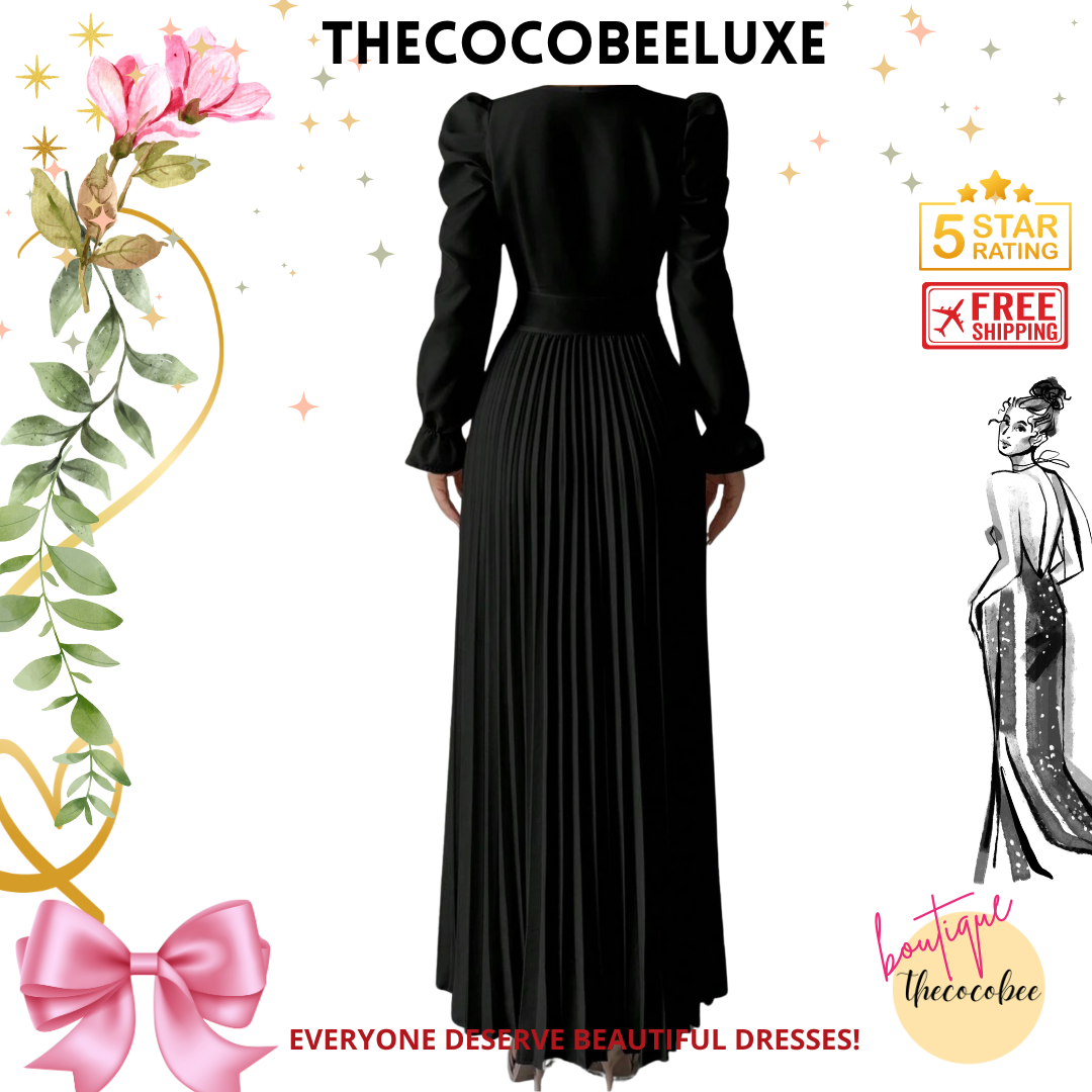 #013 Women dress V-Neck Tie Gigot Sleeve Pleated Solid Color in Black