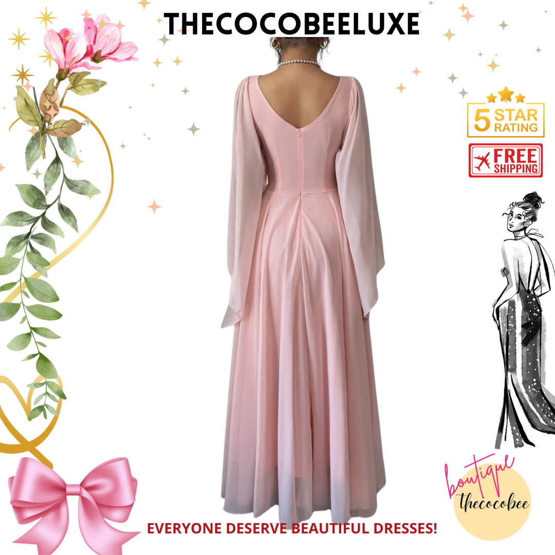 #015 Elegant Romantic Wedding, Bridesmaid, Prom, event Long Sleeve Dress - Coral Pink