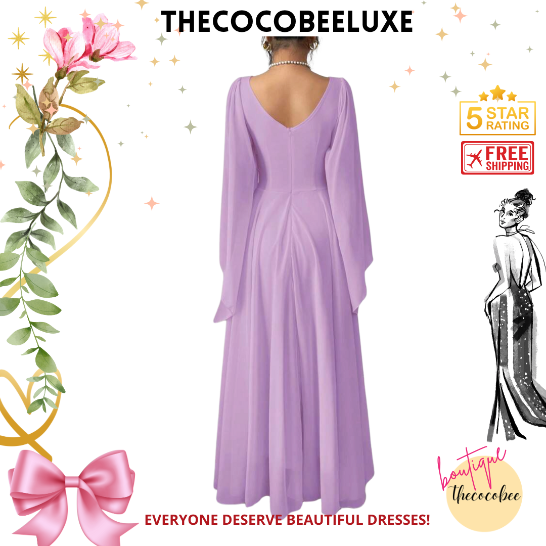 #015 Elegant Romantic Wedding, Bridesmaid, Prom, event Long Sleeve Dress - Purple