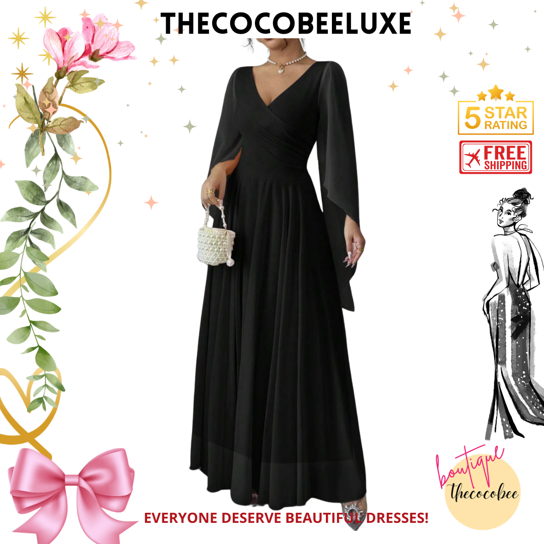 #015 Elegant Romantic Wedding, Bridesmaid, Prom, event Long Sleeve Dress - Black