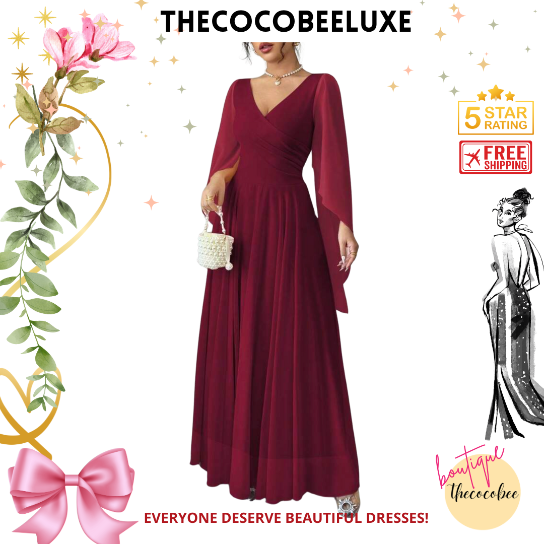 #015 Elegant Romantic Wedding, Bridesmaid, Prom, event Long Sleeve Dress - Burgundy