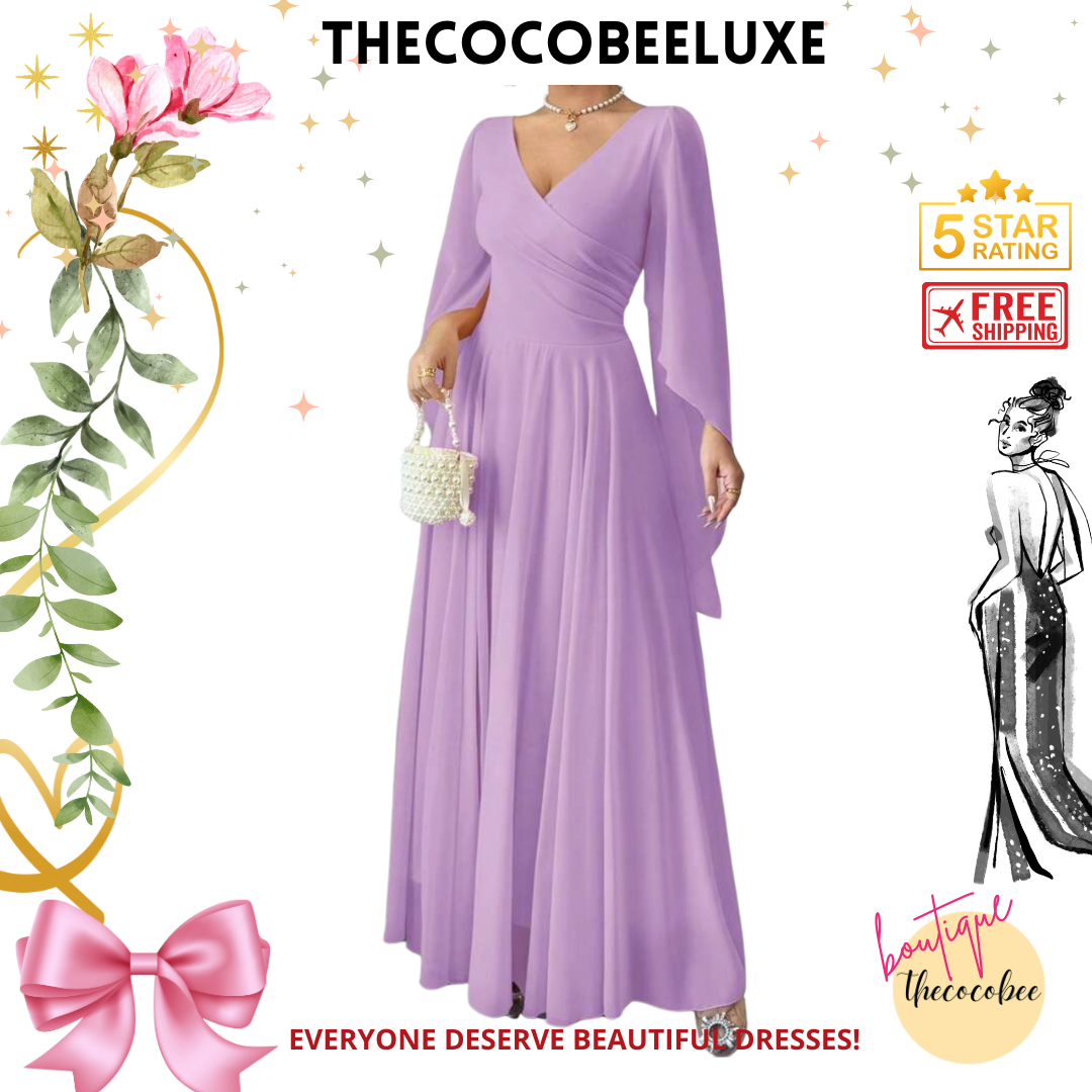 #015 Elegant Romantic Wedding, Bridesmaid, Prom, event Long Sleeve Dress - Purple