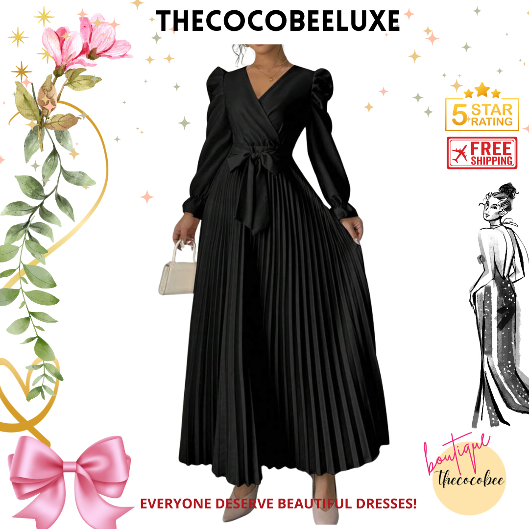 #013 Women dress V-Neck Tie Gigot Sleeve Pleated Solid Color in Black