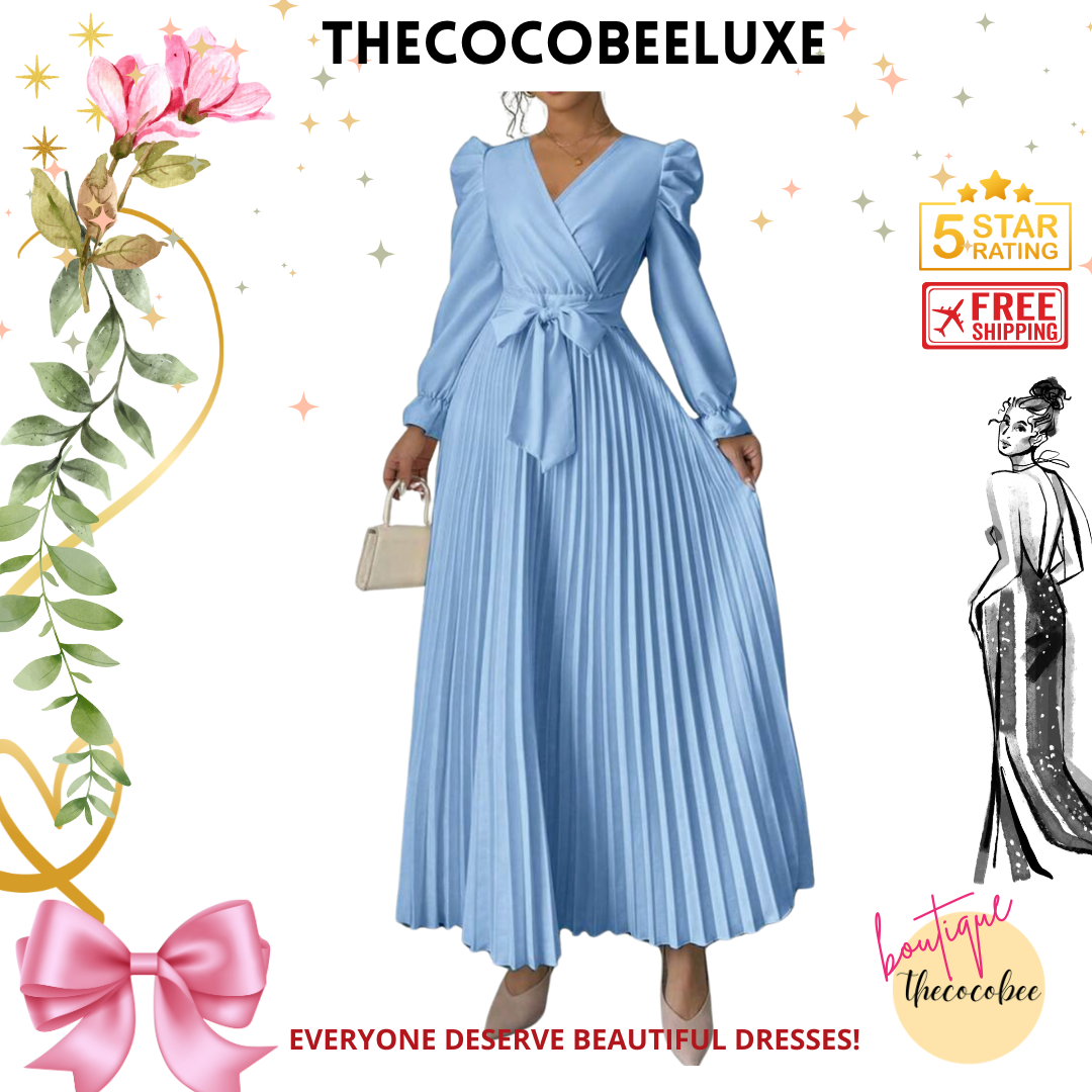 #013 Women dress V-Neck Tie Gigot Sleeve Pleated Solid Color in Baby Blue