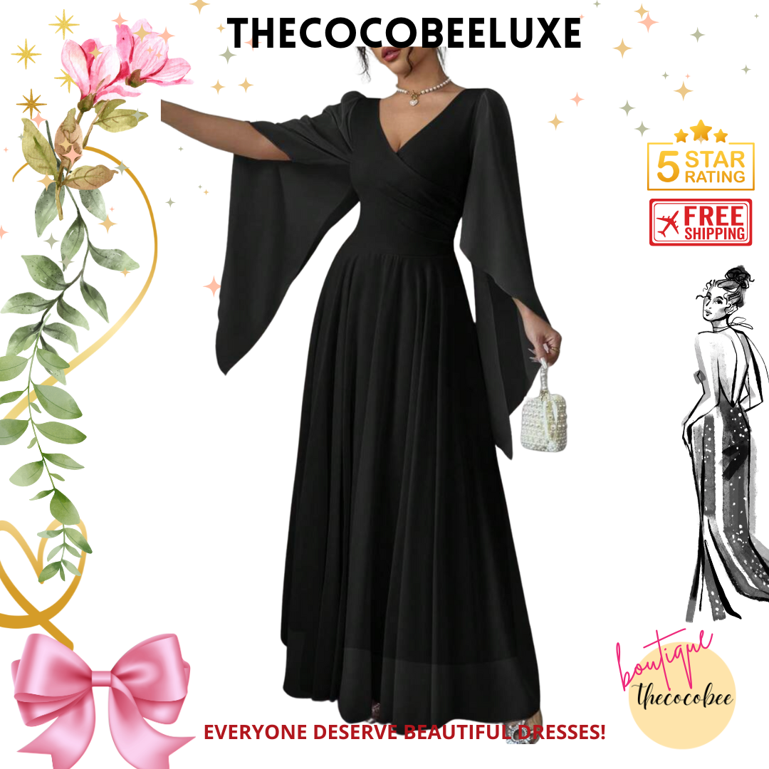 #015 Elegant Romantic Wedding, Bridesmaid, Prom, event Long Sleeve Dress - Black