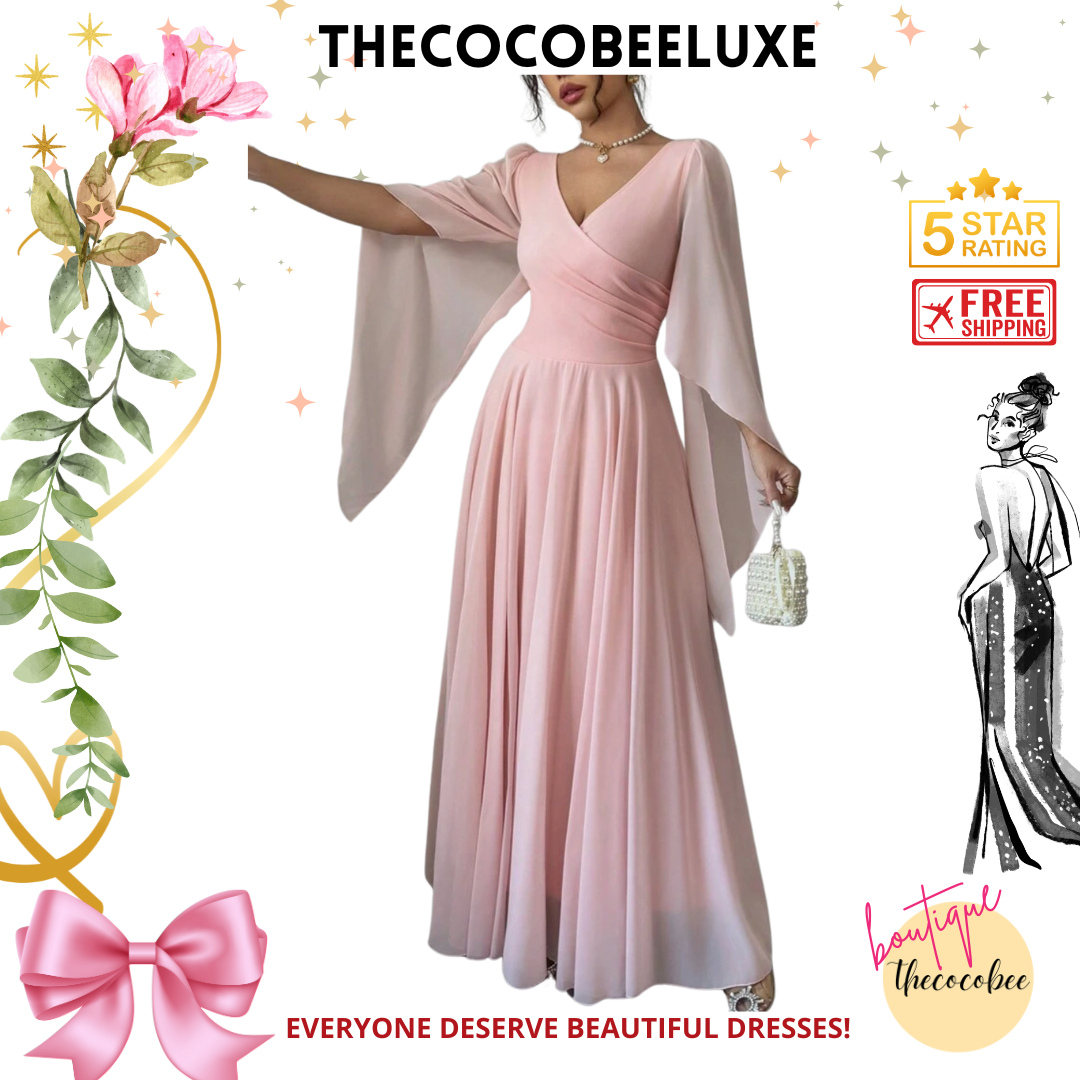 #015 Elegant Romantic Wedding, Bridesmaid, Prom, event Long Sleeve Dress - Coral Pink