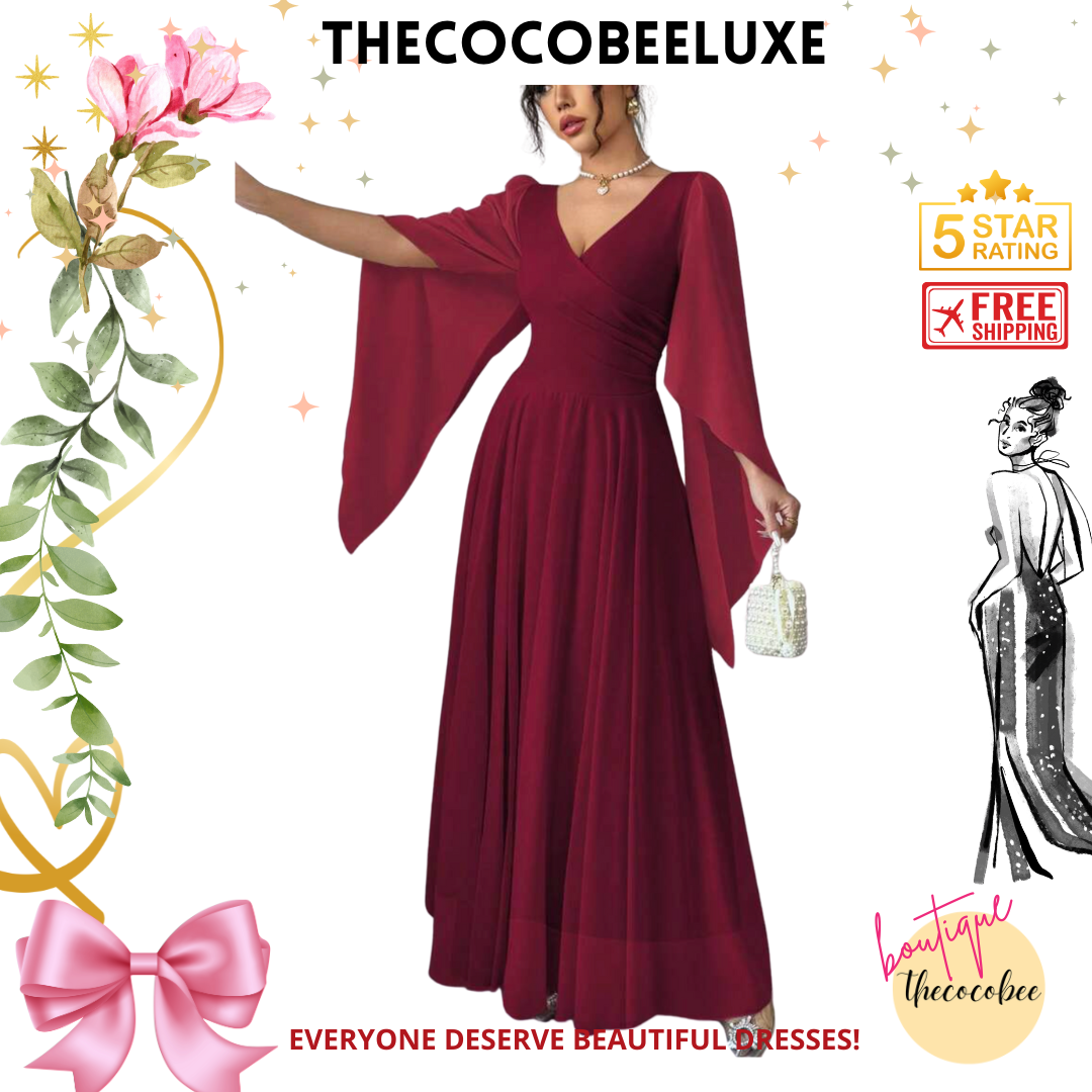 #015 Elegant Romantic Wedding, Bridesmaid, Prom, event Long Sleeve Dress - Burgundy