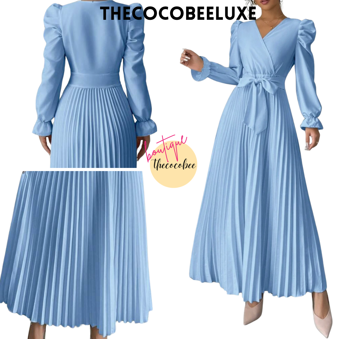 #013 Women dress V-Neck Tie Gigot Sleeve Pleated Solid Color in Baby Blue