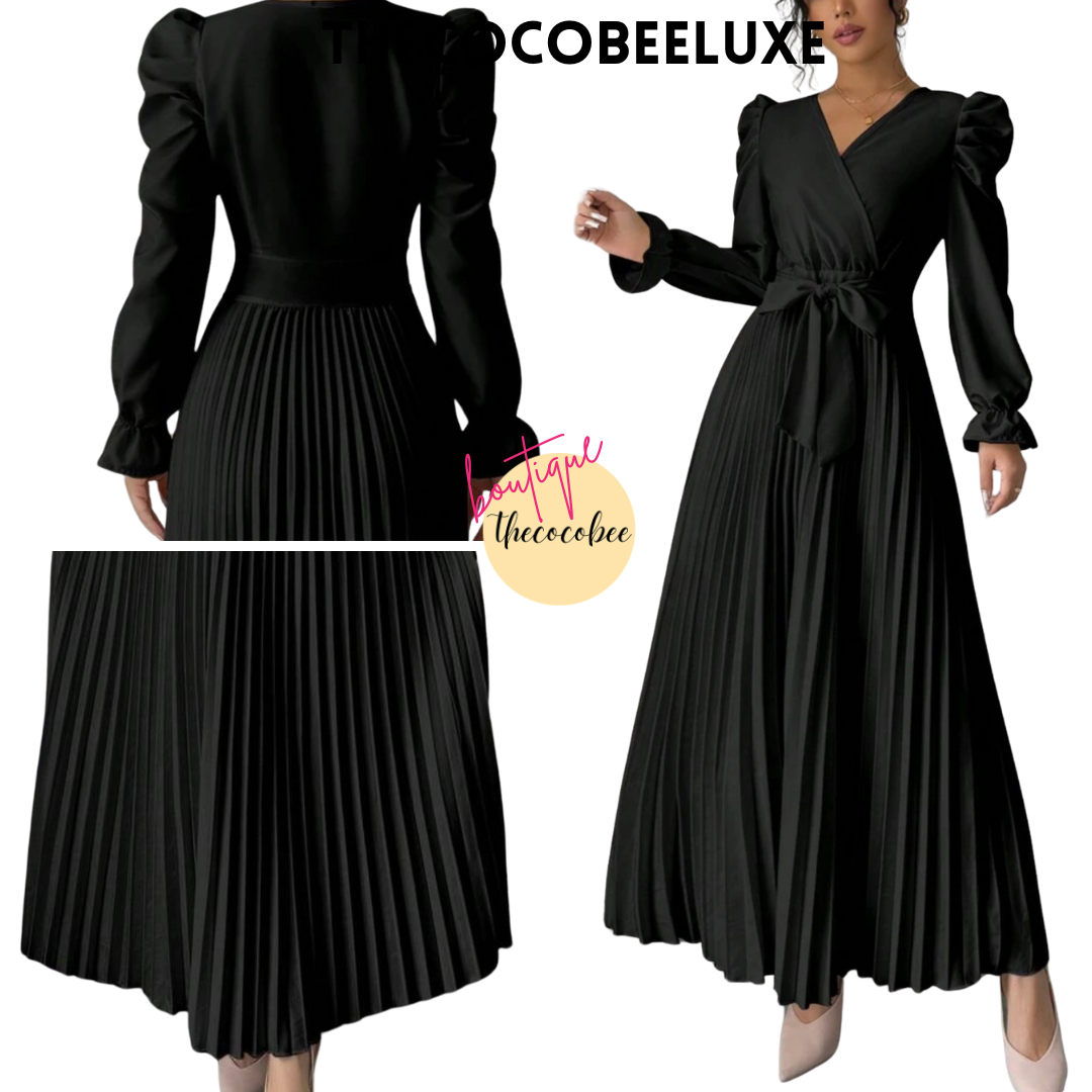 #013 Women dress V-Neck Tie Gigot Sleeve Pleated Solid Color in Black