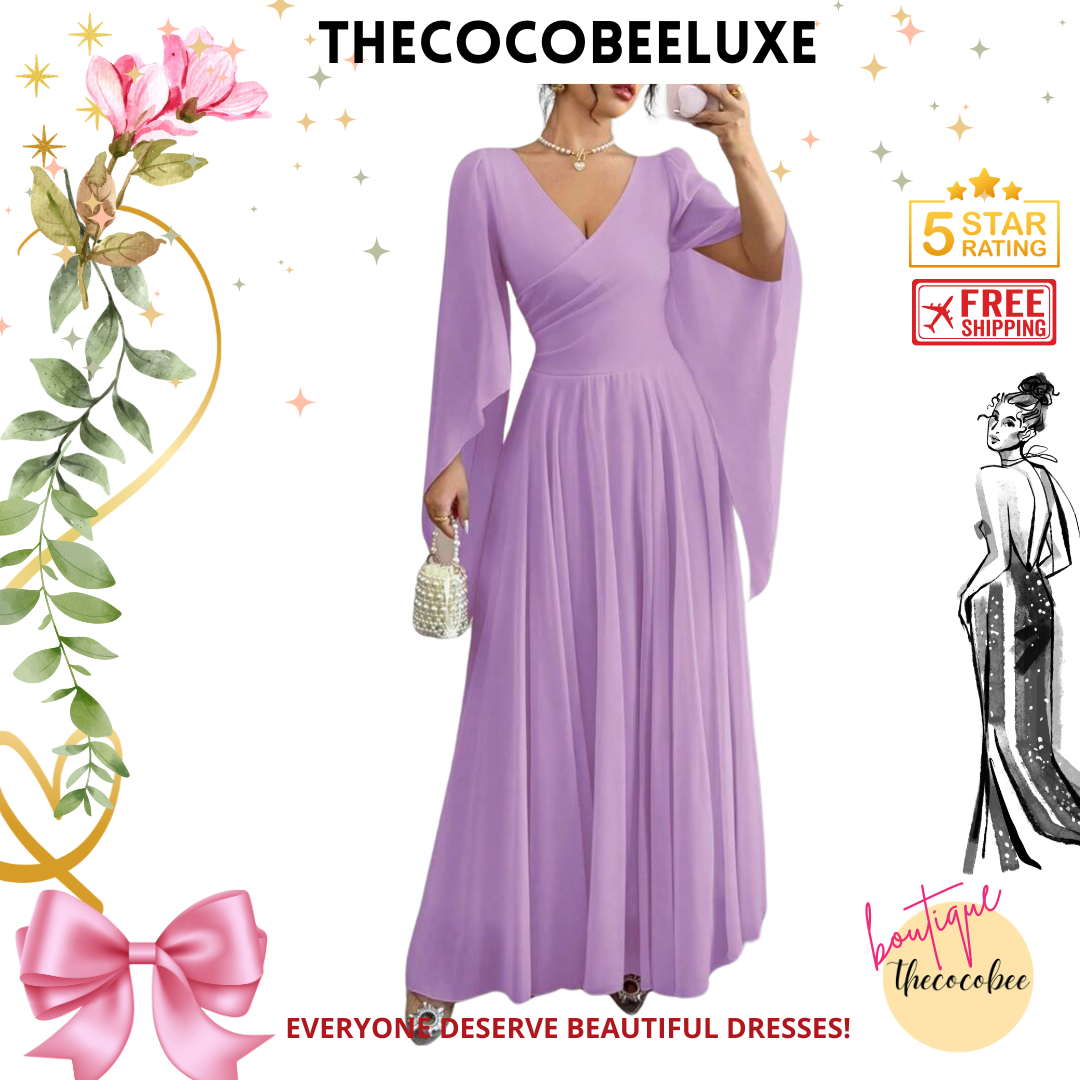 #015 Elegant Romantic Wedding, Bridesmaid, Prom, event Long Sleeve Dress - Purple