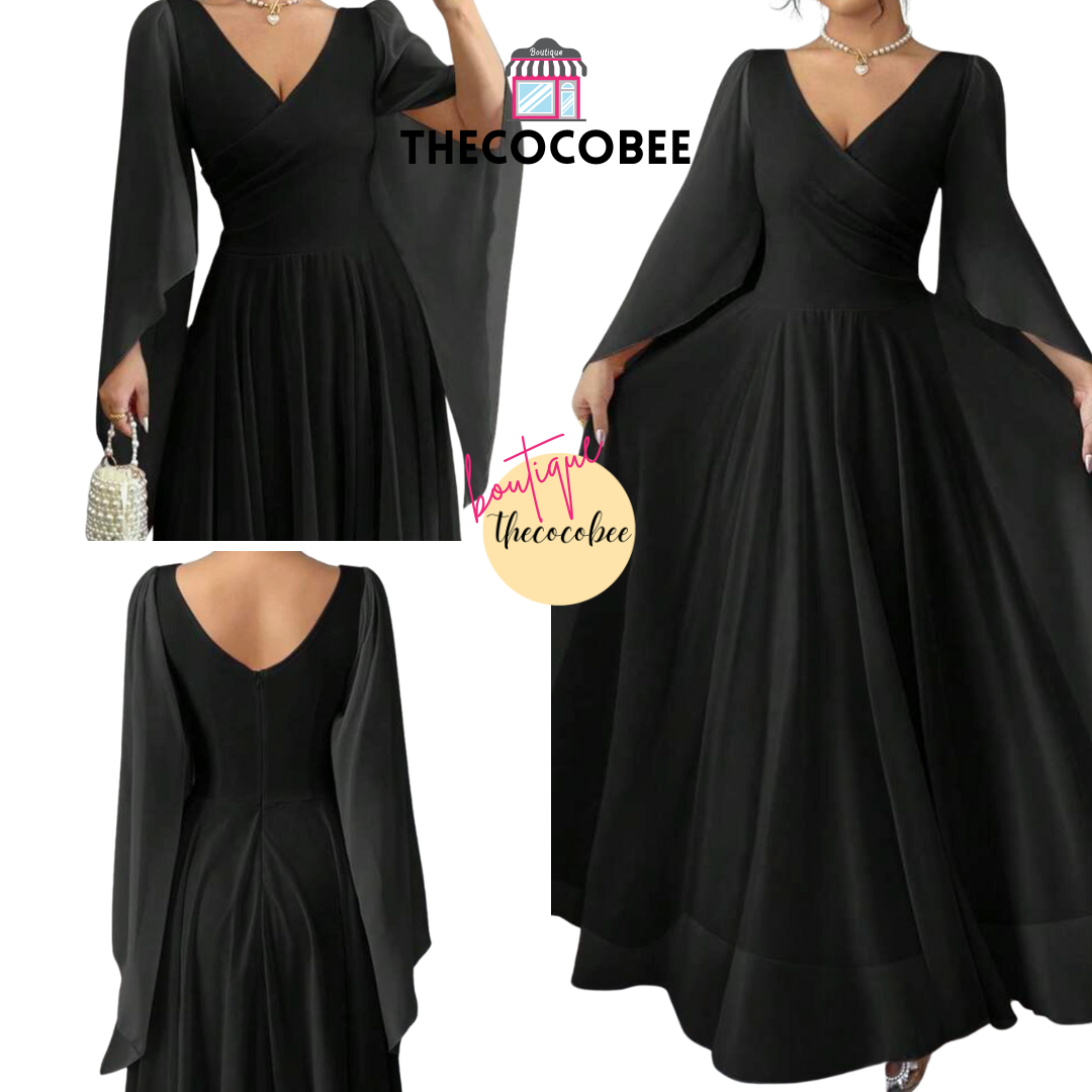 #015 Elegant Romantic Wedding, Bridesmaid, Prom, event Long Sleeve Dress - Black