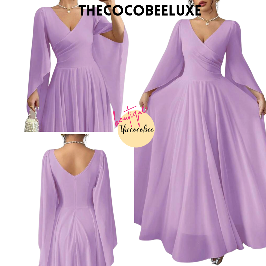 #015 Elegant Romantic Wedding, Bridesmaid, Prom, event Long Sleeve Dress - Purple