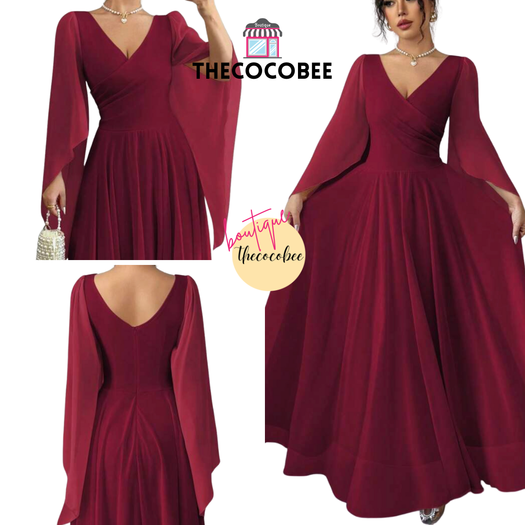 #015 Elegant Romantic Wedding, Bridesmaid, Prom, event Long Sleeve Dress - Burgundy
