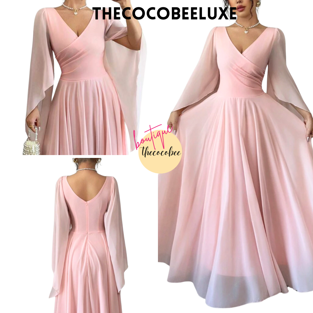 #015 Elegant Romantic Wedding, Bridesmaid, Prom, event Long Sleeve Dress - Coral Pink