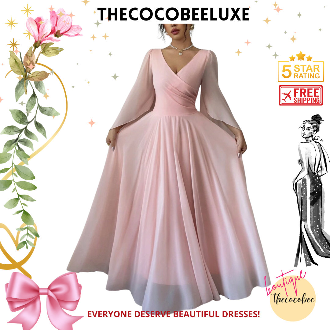 #015 Elegant Romantic Wedding, Bridesmaid, Prom, event Long Sleeve Dress - Coral Pink