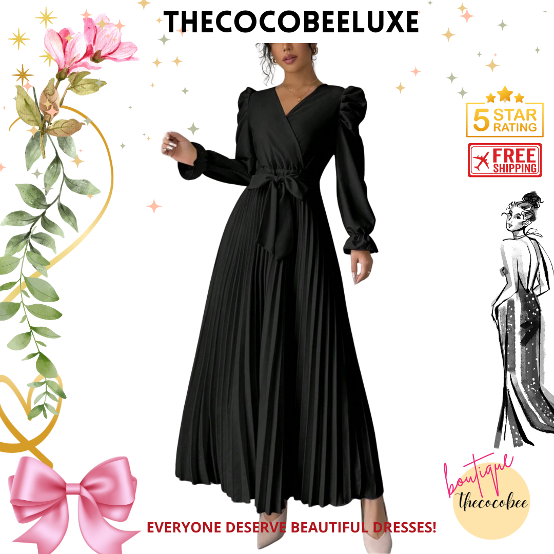 #013 Women dress V-Neck Tie Gigot Sleeve Pleated Solid Color in Black