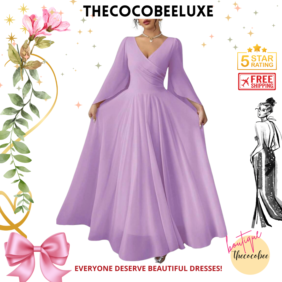 #015 Elegant Romantic Wedding, Bridesmaid, Prom, event Long Sleeve Dress - Purple