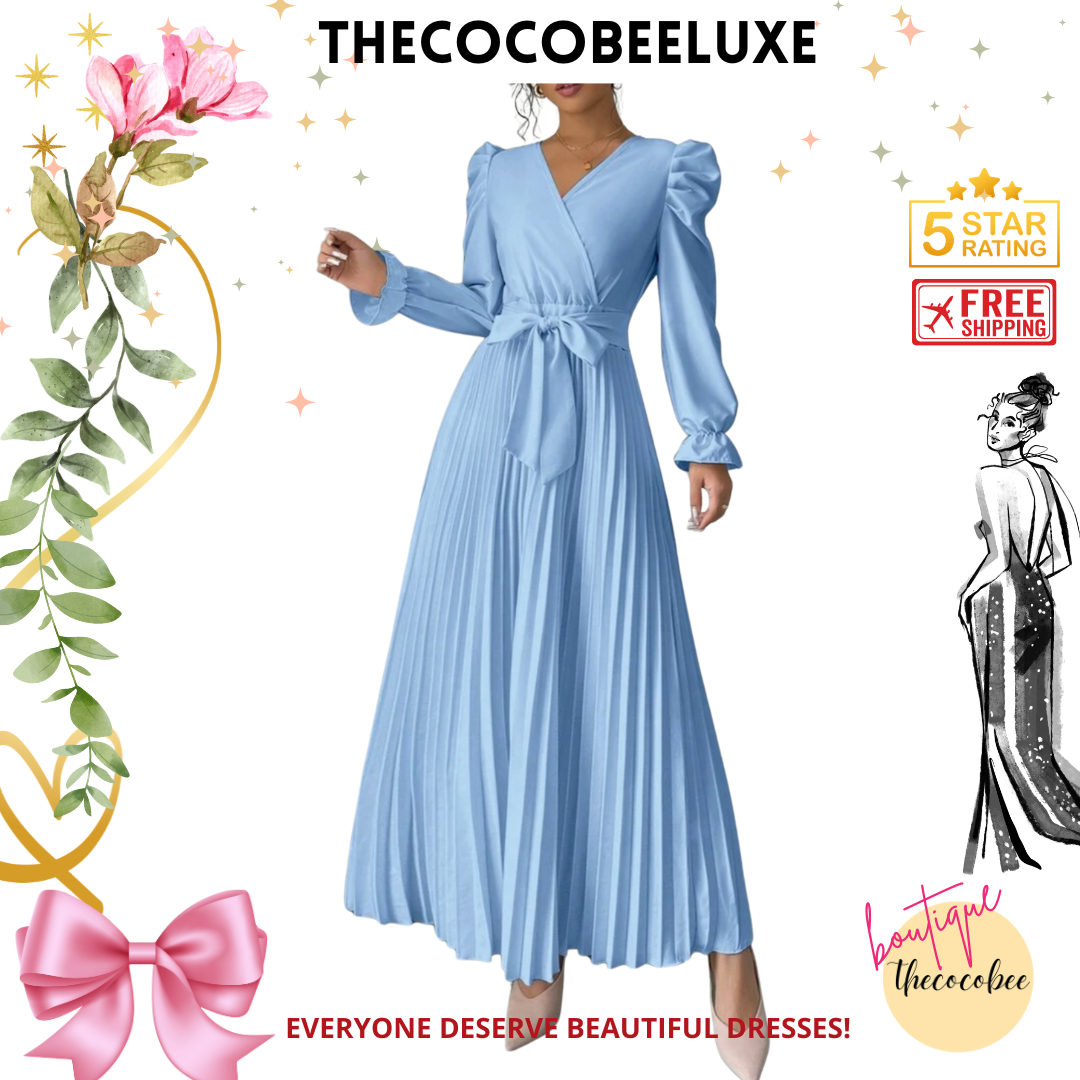 #013 Women dress V-Neck Tie Gigot Sleeve Pleated Solid Color in Baby Blue