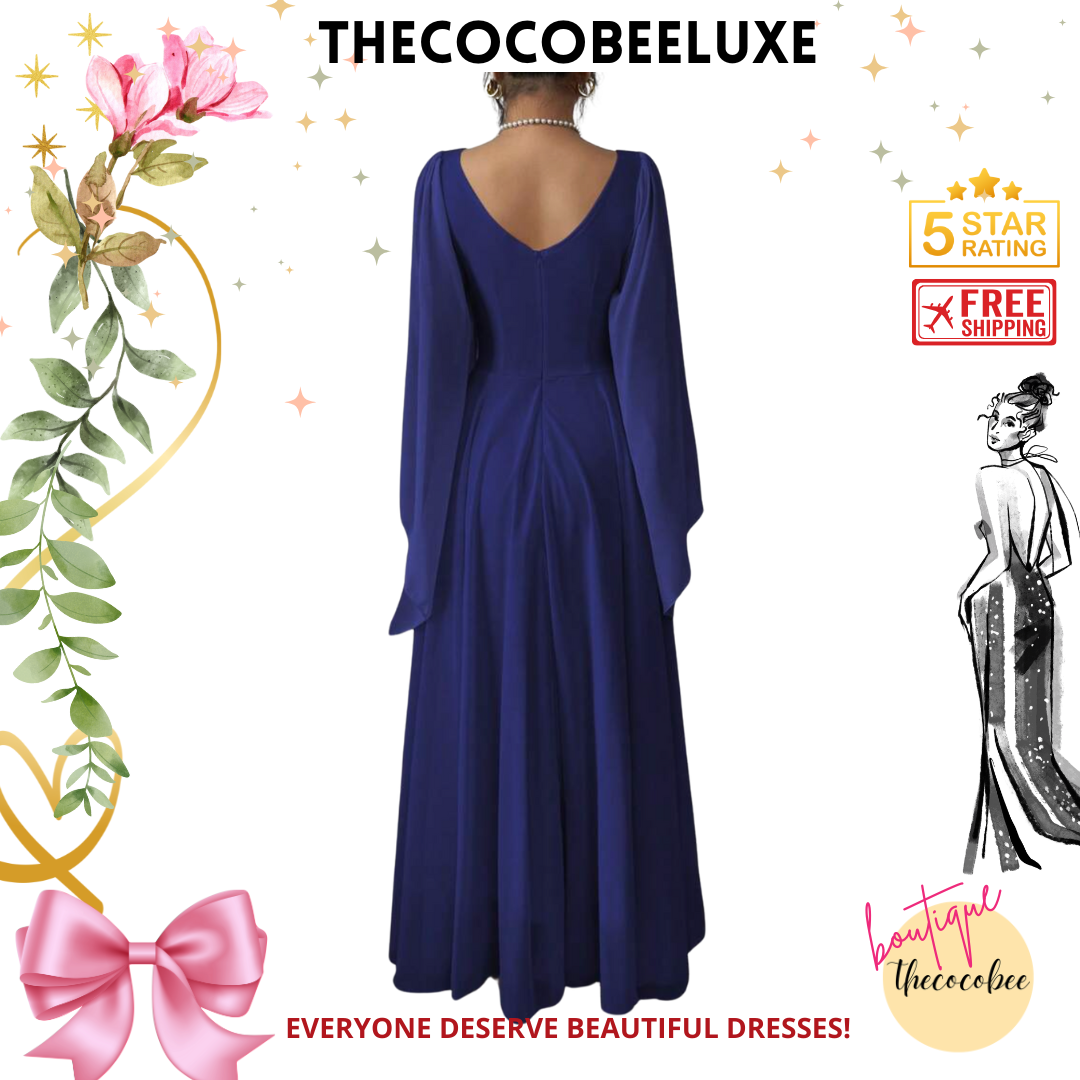 #015 Elegant Romantic Wedding, Bridesmaid, Prom, event Long Sleeve Dress - Navy Blue